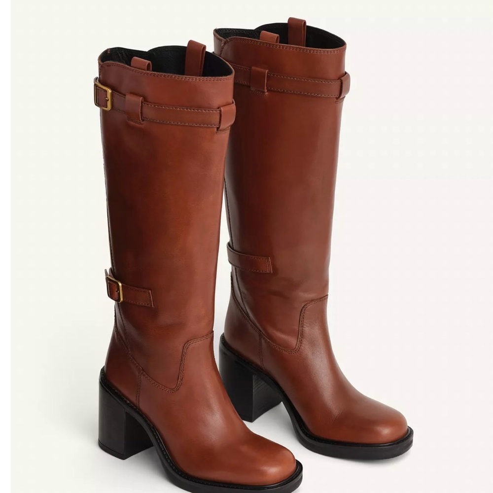 🆕 2026 ZARA BUCKLED LEATHER Brown Knee-High Boots
